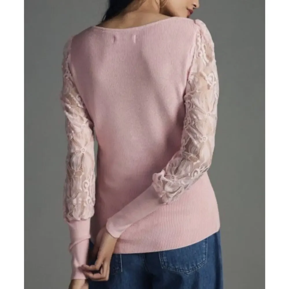 NWT Anthropologie Pink Sweetheart Lace Sleeve Sweater Size XXS